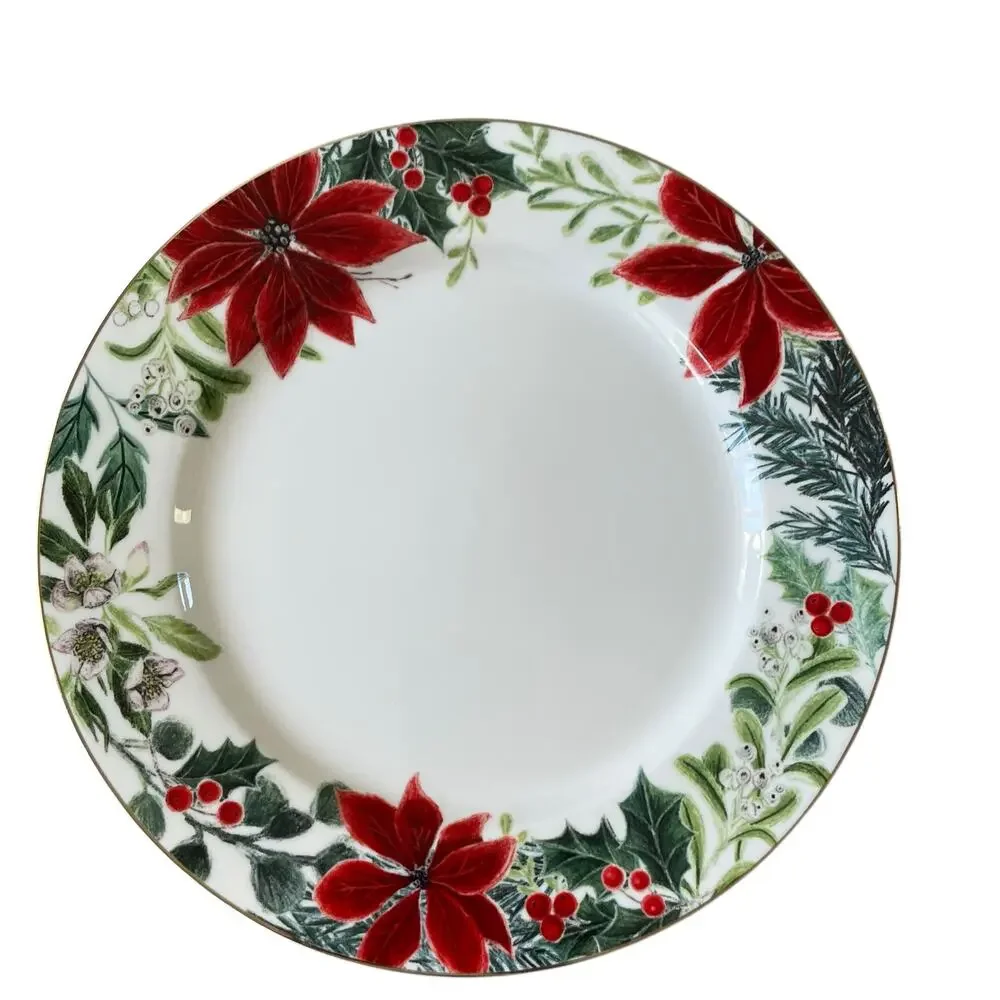Grace Teaware Christmas Poinsettia Dinner Plates 10.5in Set of 4 Holiday New